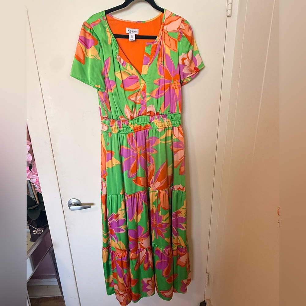 Nicole Miller Green Maxi Dress with Pink & Orange Floral Print